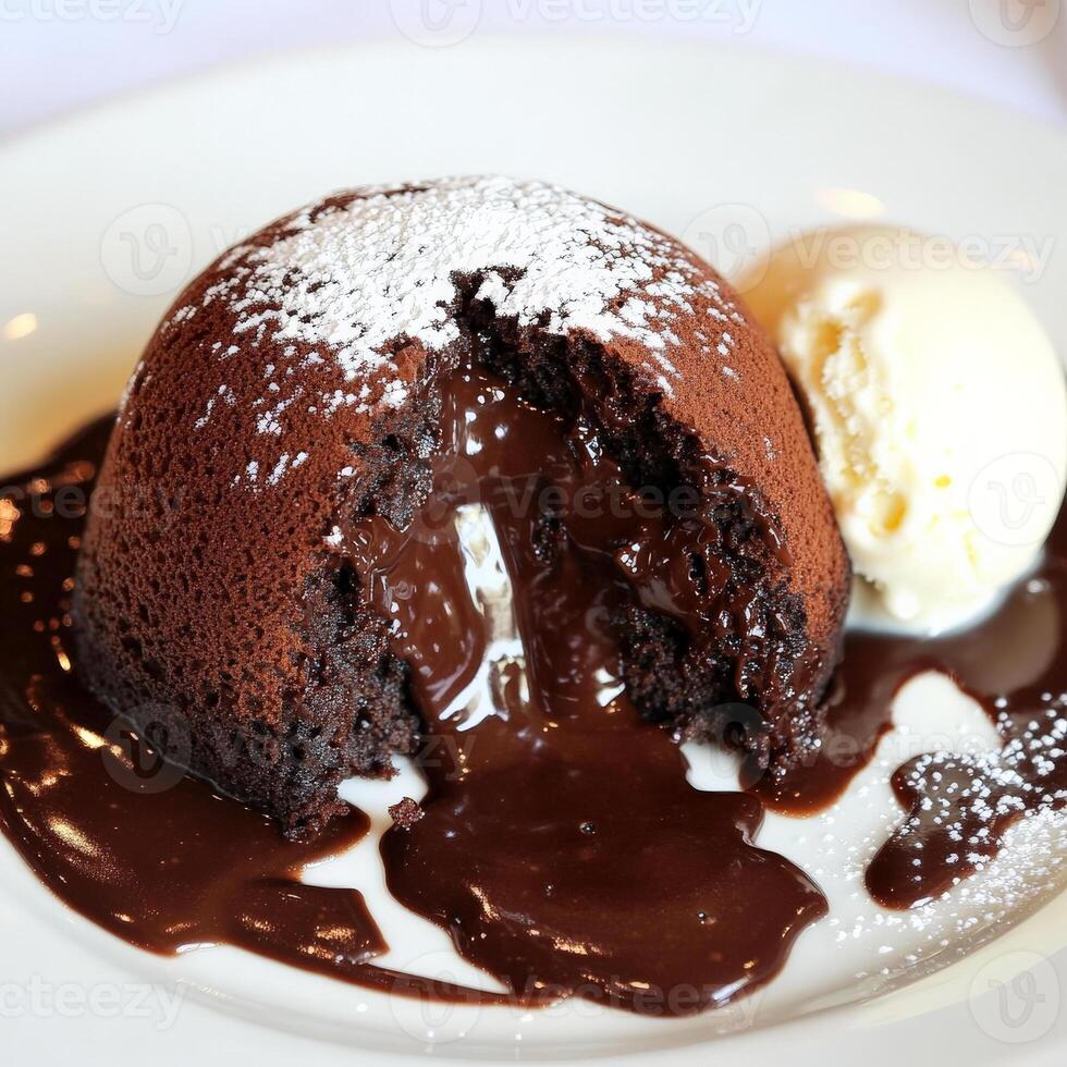 A close-up of a chocolate lava cake, a decadent and warm French dessert, with a dark chocolate cake shell, encasing a gooey and molten chocolate center, that oozes out when sliced open, served warm photo