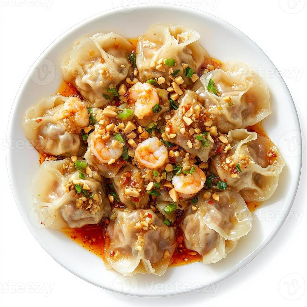 A plate of dim sum, infused with the spicy and savory flavors of Szechuan cuisine, featuring steamed dumplings filled with pork, shrimp, and vegetables, tossed in a chili oil sauce with peanuts and photo
