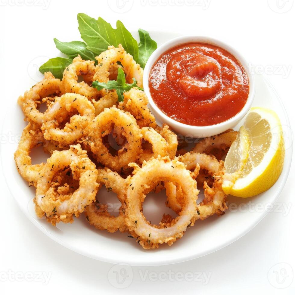 A platter of golden, crispy calamari rings, lightly battered and fried, served with a side of marinara sauce and lemon wedges. A delicious seafood appetizer. Isolated on clean white background photo