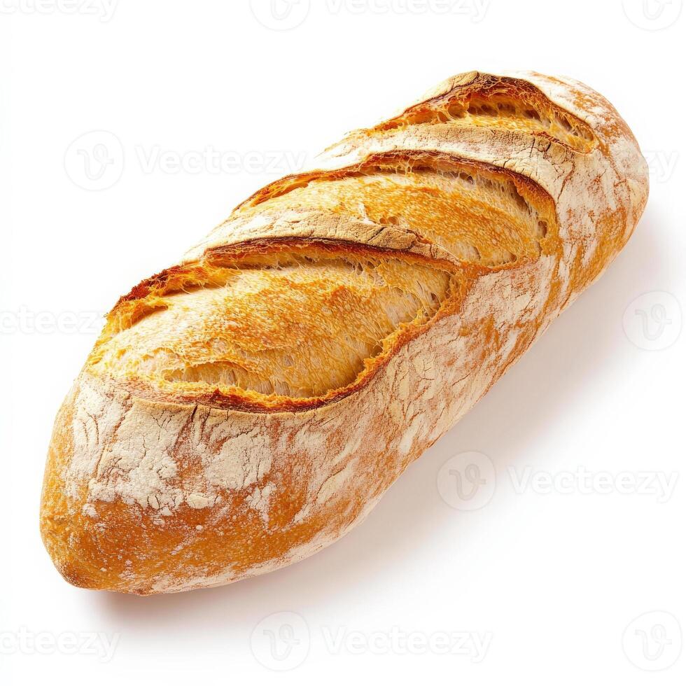 A freshly baked baguette with a golden, crisp crust and a soft, airy interior. The bread has a rustic appearance with natural cracks and a slightly uneven shape, showcasing its artisanal quality. photo