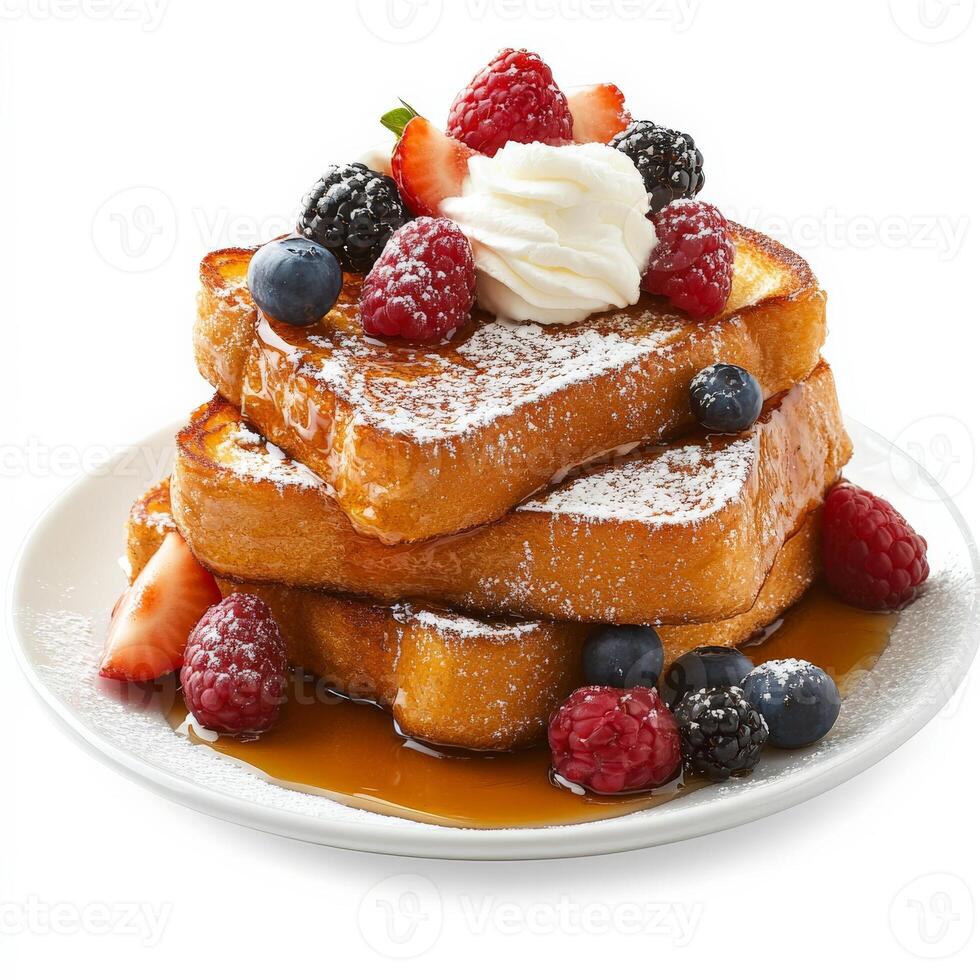 A stack of thick-cut French toast, dusted with powdered sugar, drizzled with maple syrup, and topped with fresh berries and a dollop of whipped cream. Isolated on clean white background photo