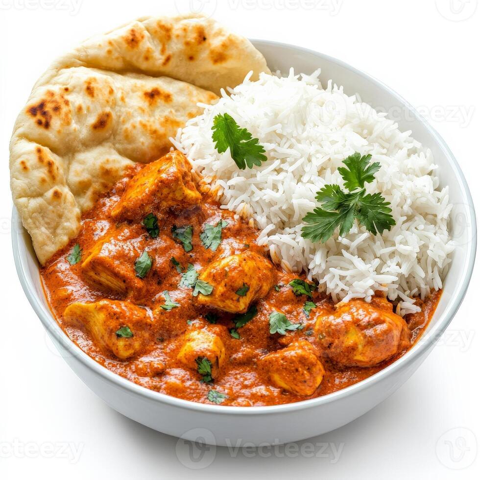 A bowl of spicy Indian butter chicken with tender chicken pieces in a creamy tomato-based sauce, served with basmati rice and warm naan bread. Isolated on clean white background photo
