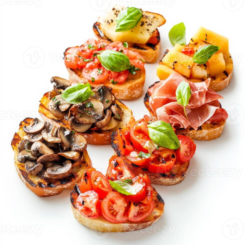 A vibrant platter of assorted bruschetta, featuring grilled bread topped with various toppings, such as fresh tomatoes and basil, mushrooms and truffle oil, and prosciutto and melon, perfect for an photo