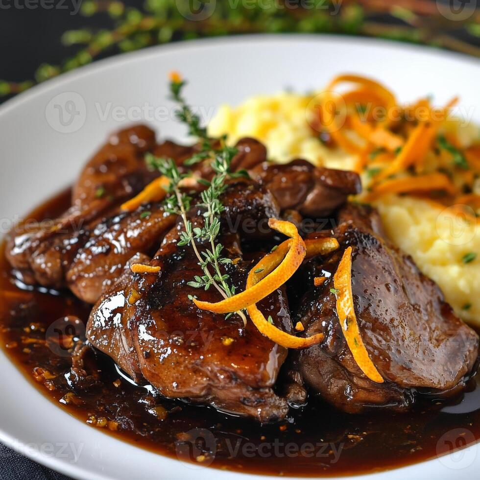 A plate of braised duck with balsamic vinegar and honey, featuring tender pieces of duck meat, braised slowly in a rich and tangy balsamic vinegar and honey sauce, balanced with savory herbs and photo