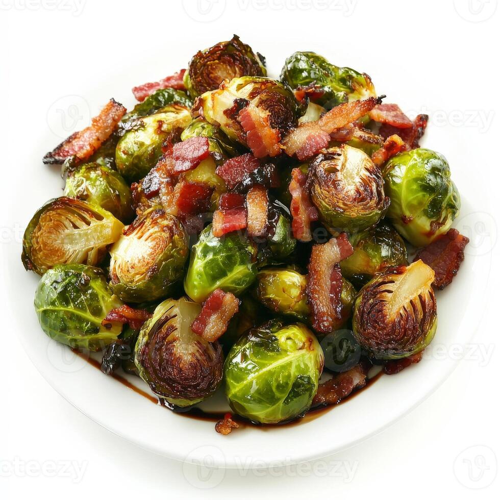 A plate of perfectly roasted Brussels sprouts, caramelized to a golden brown and tossed with crispy bacon bits and a drizzle of balsamic glaze. A flavorful and nutritious side dish. Isolated on clean photo