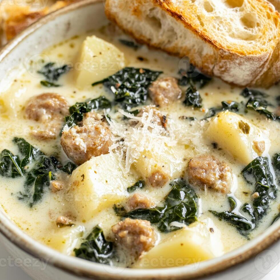 A close-up of a creamy zuppa toscana soup, a hearty Italian soup with sausage, kale, potatoes, and cream, simmered until thick and flavorful, garnished with grated parmesan cheese and crusty bread, photo