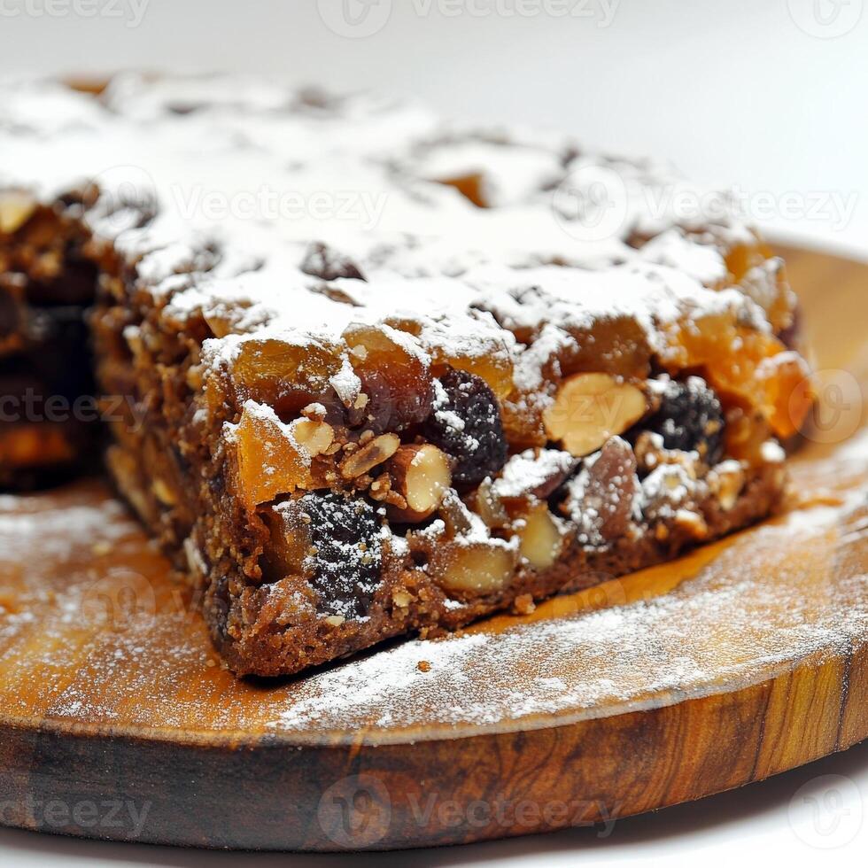 A close-up of a traditional panforte di Siena, a dense and chewy Italian fruitcake, made with honey, nuts, candied fruit, and a blend of warm spices, such as cinnamon, cloves, nutmeg, and coriander, photo