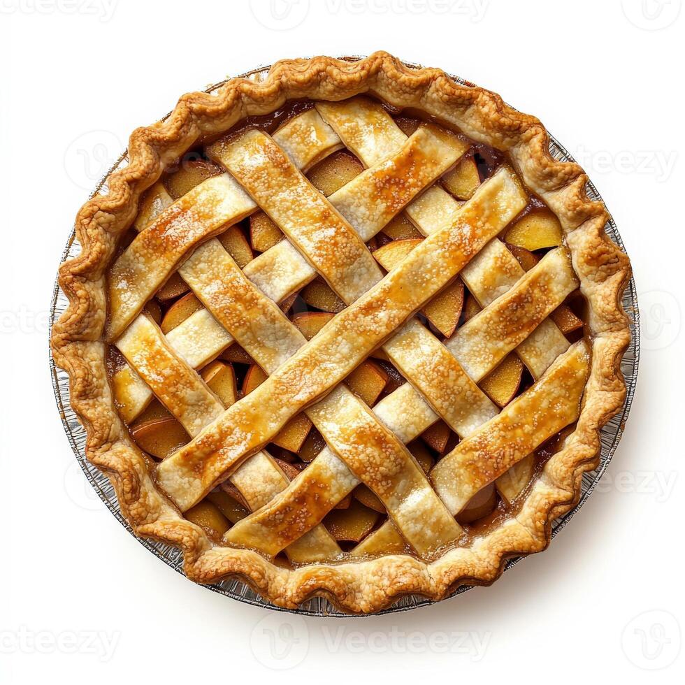 A freshly baked apple pie with a golden, flaky crust and a lattice top, revealing warm, cinnamon-spiced apple filling inside. A comforting homemade dessert. Isolated on clean white background photo