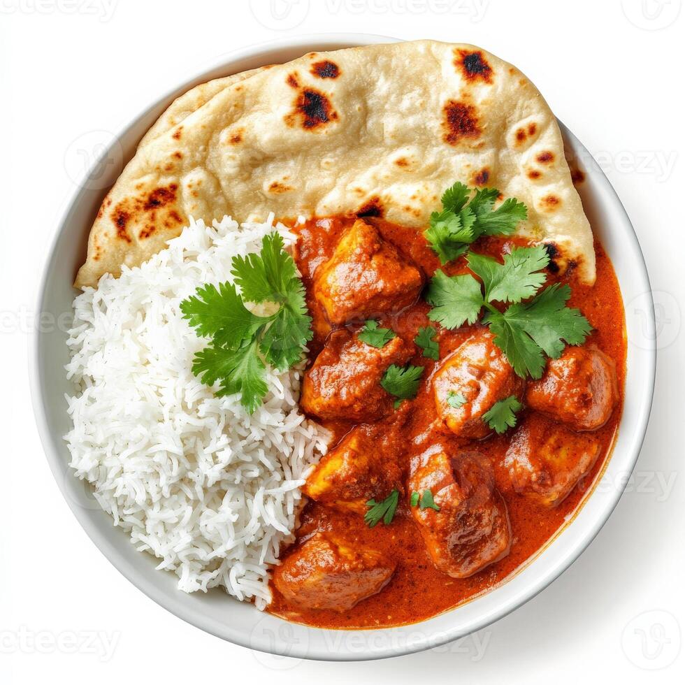A bowl of fragrant Indian chicken tikka masala, featuring tender, marinated chicken pieces simmered in a rich, creamy tomato-based curry sauce. Served with a side of warm, buttery naan bread and photo