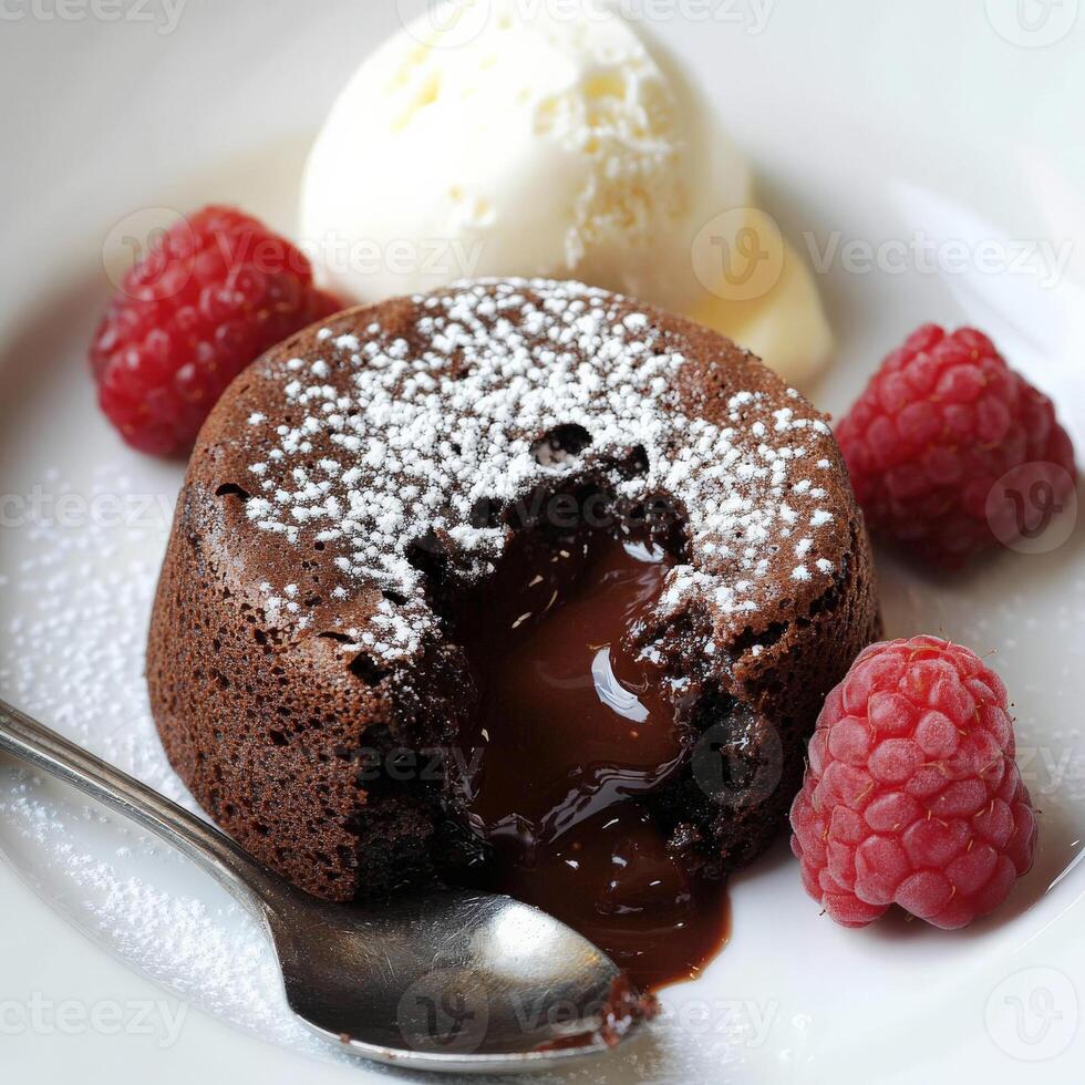 A close-up of a chocolate fondant with a molten core, a decadent and warm French dessert, made with a dark chocolate cake batter, baked until the edges are set and the center remains warm and molten, photo