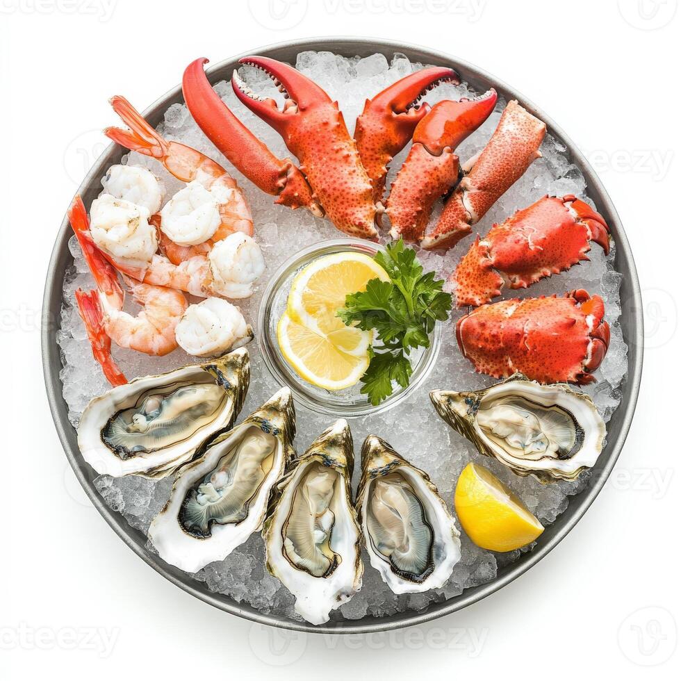 A gourmet seafood platter with lobster tail, king crab legs, shrimp cocktail, and oysters, elegantly arranged on ice with lemon wedges. Isolated on clean white background photo