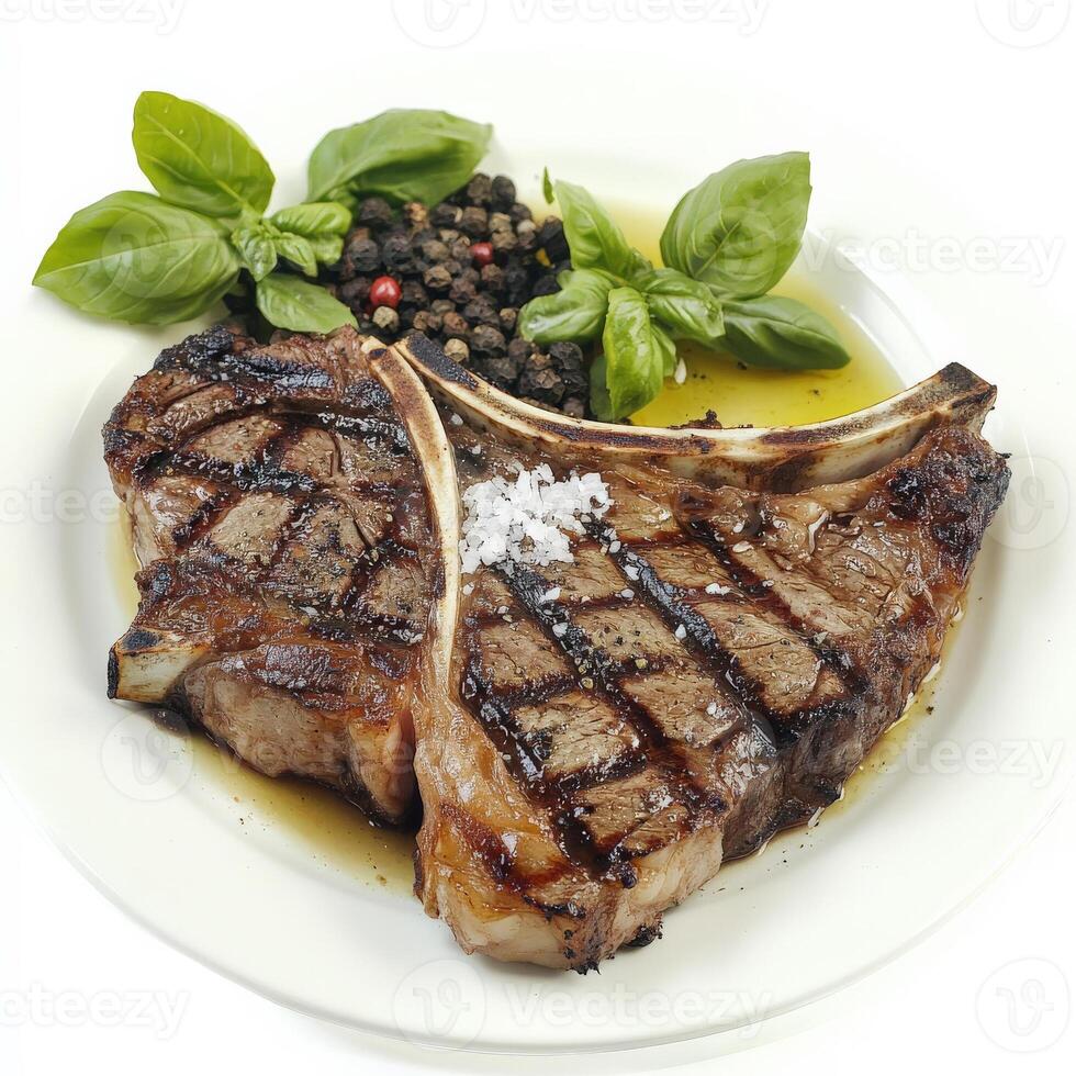 A plate of bistecca alla Fiorentina, a thick and juicy T-bone steak, grilled to perfection and seasoned with salt, pepper, and a drizzle of olive oil, a classic Florentine dish, served rare to photo