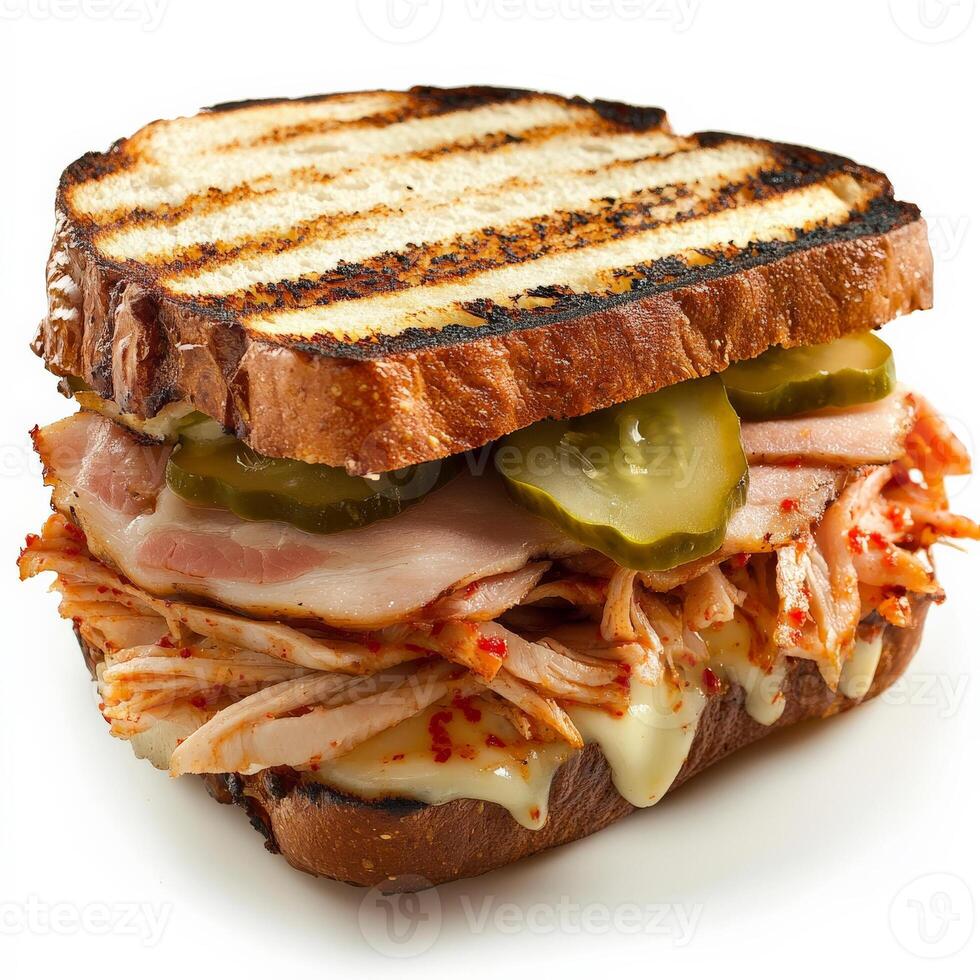 A close-up of a Cuban sandwich, enriched with the tangy and spicy flavors of Korean kimchi, featuring roasted pork, ham, Swiss cheese, pickles, and kimchi mayo, served on grilled Cuban bread, a unique photo