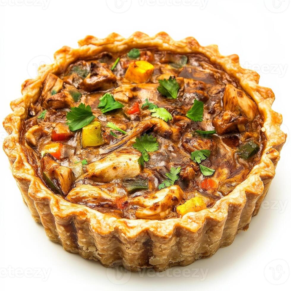 A close-up of a French quiche, transformed with the bold and spicy flavours of Mexican mole sauce, featuring a flaky pastry crust, filled with a creamy custard, vegetables, and mole-braised chicken, a photo