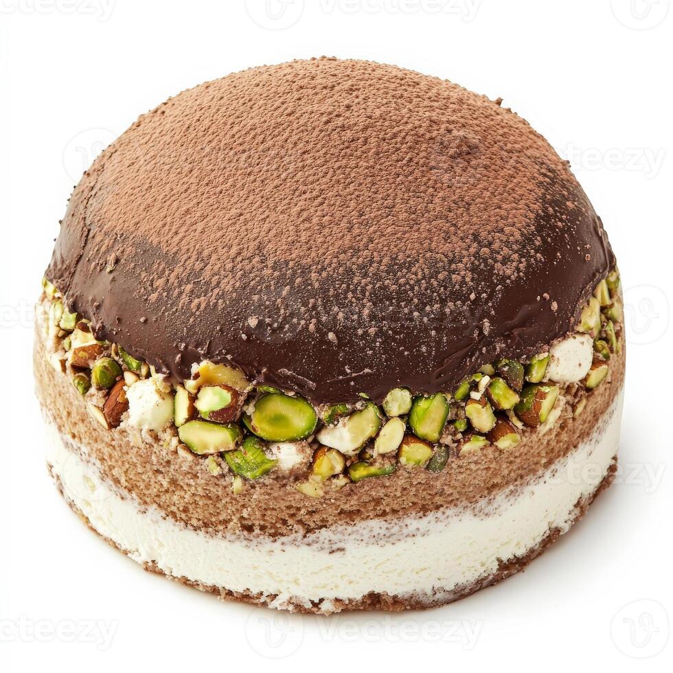 A close-up of a sweet and nutty zuccotto semifreddo dessert, a semi-frozen Italian dessert, shaped like a dome, made with layers of sponge cake, chocolate ganache, whipped cream, hazelnuts, and photo