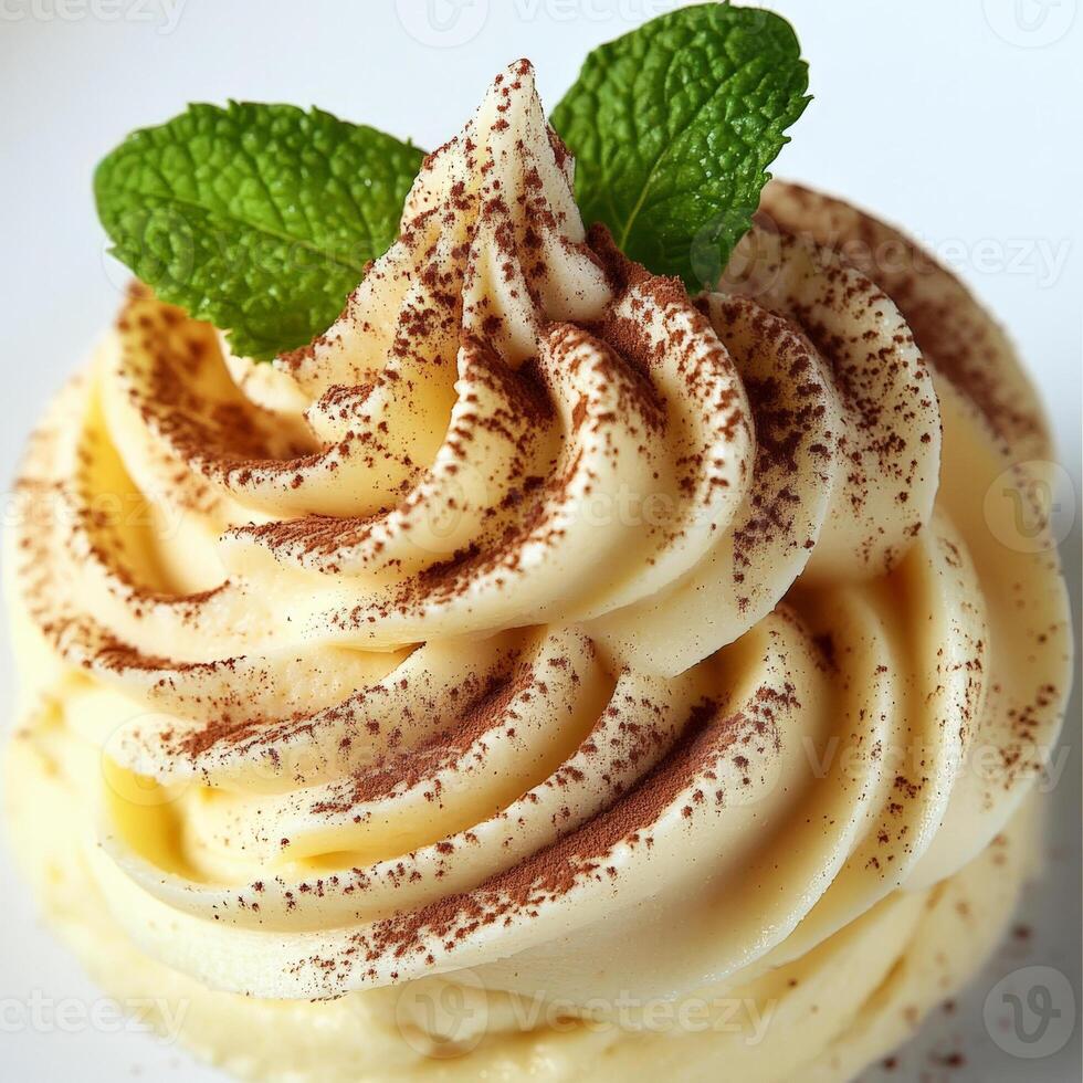 A close-up of a decadent crema pasticcera dessert, a rich and creamy Italian pastry cream, made with milk, eggs, sugar, flour, and infused with lemon zest, vanilla, or other flavorings, used as a photo