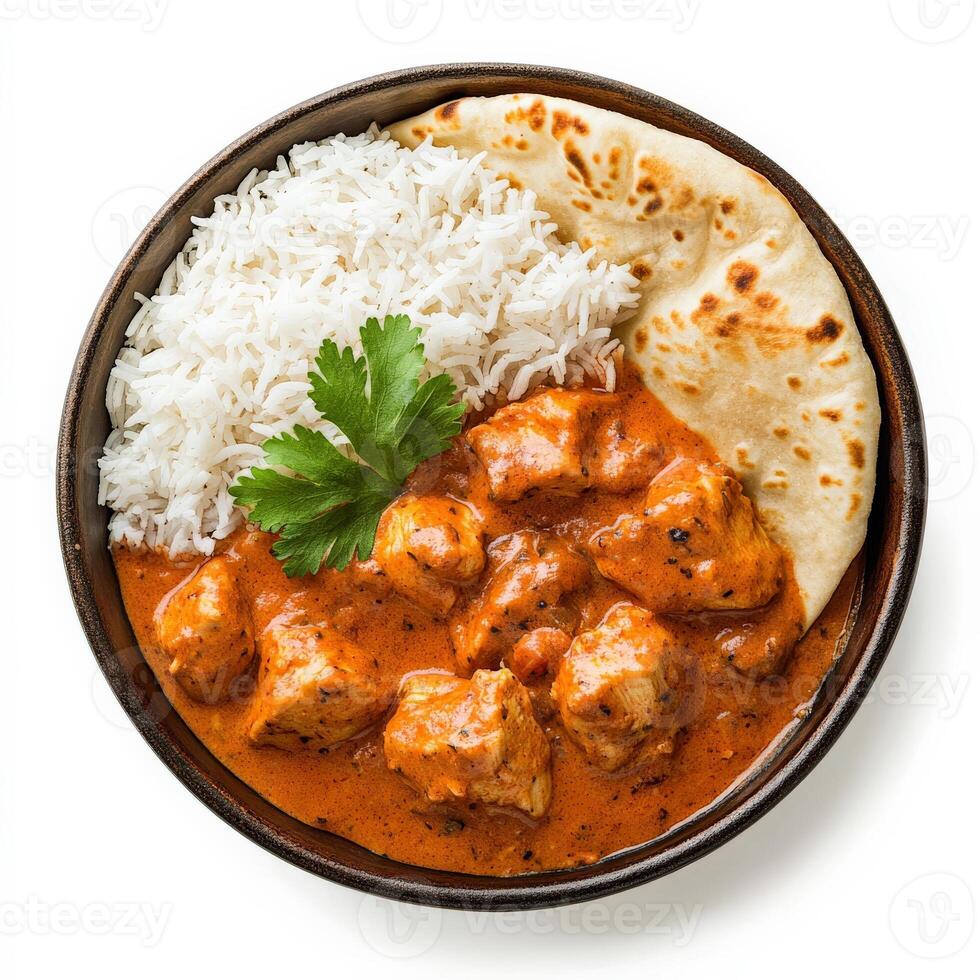 A bowl of homemade chicken tikka masala, with tender chunks of chicken simmered in a rich, spiced tomato cream sauce, served with fluffy basmati rice and warm naan bread. Isolated on clean white photo