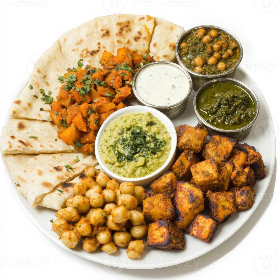 A plate of Spanish tapas, transformed with the fragrant spices and creamy textures of Indian cuisine, featuring small plates of spiced potatoes, chickpeas, vegetables, and chicken or lamb, served with photo