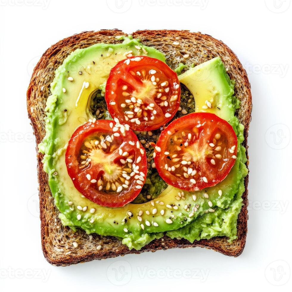 A fresh avocado toast on whole-grain bread, topped with mashed avocado, cherry tomato slices, a sprinkle of sesame seeds, and a drizzle of olive oil. The creamy texture contrasts with the crisp bread, photo