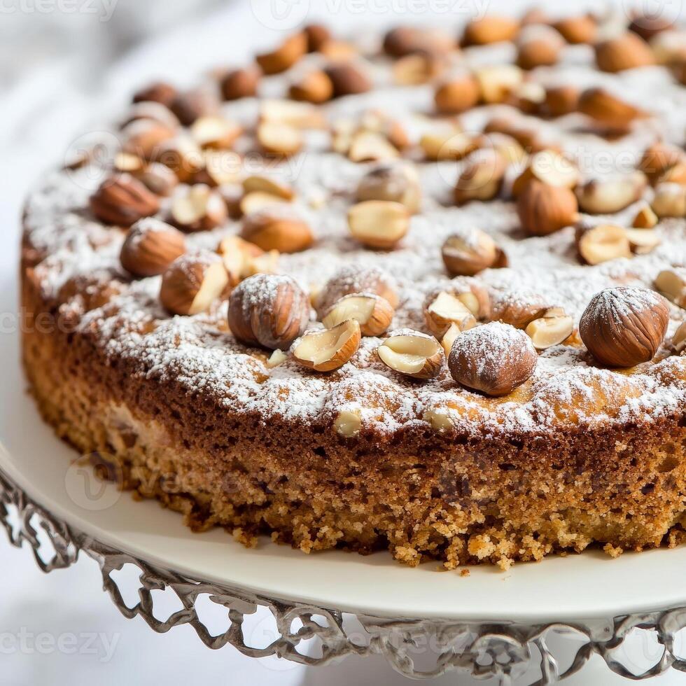 A close-up of a sweet and nutty torta di nocciole dessert, a traditional Italian hazelnut cake, made with ground hazelnuts, eggs, sugar, and a touch of flour, resulting in a dense and moist cake with photo