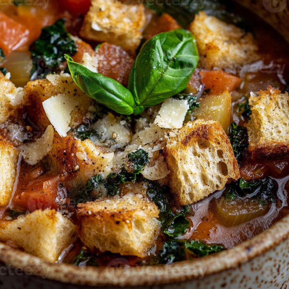 A close-up of a warm and comforting acquacotta soup, a hearty Italian bread and vegetable soup, with stale bread, tomatoes, onions, garlic, kale, and other seasonal vegetables, simmered in a flavorful photo