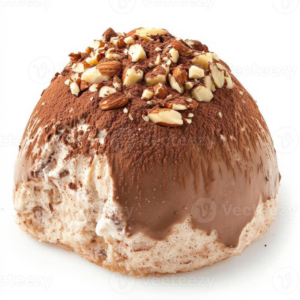 A close-up of a sweet and nutty zuccotto dessert, a semi-frozen Italian dessert, shaped like a dome, made with sponge cake, chocolate, nuts, and whipped cream, dusted with cocoa powder and served photo