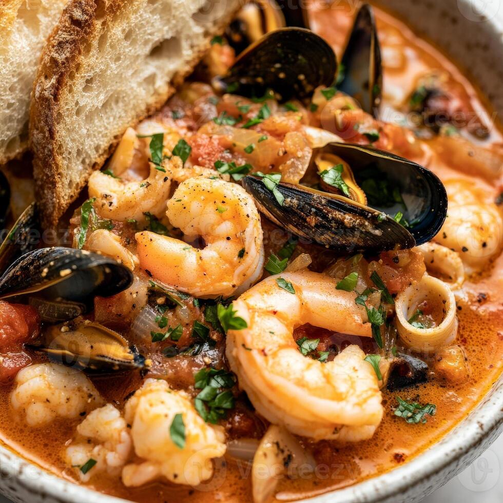A close-up of a creamy zuppa di pesce alla Livornese, a hearty Italian seafood stew, with a variety of fresh seafood, such as mussels, clams, shrimp, fish fillets, and calamari rings, simmered in a photo