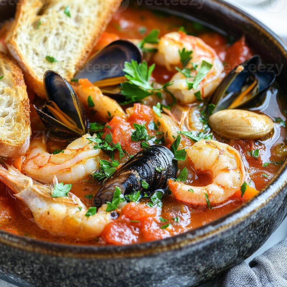 A close-up of a warm and comforting zuppa di pesce alla Catanese, a hearty Sicilian seafood stew, with a variety of fresh fish fillets, shrimp, mussels, clams, squid, tomatoes, onions, garlic, white photo
