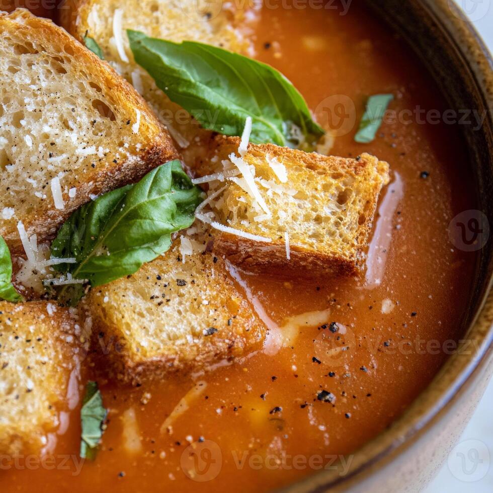 A close-up of a warm and comforting zuppa di pane e pomodoro soup, a hearty Italian bread and tomato soup, made with stale bread, ripe tomatoes, garlic, onions, basil, and a touch of vegetable broth, photo