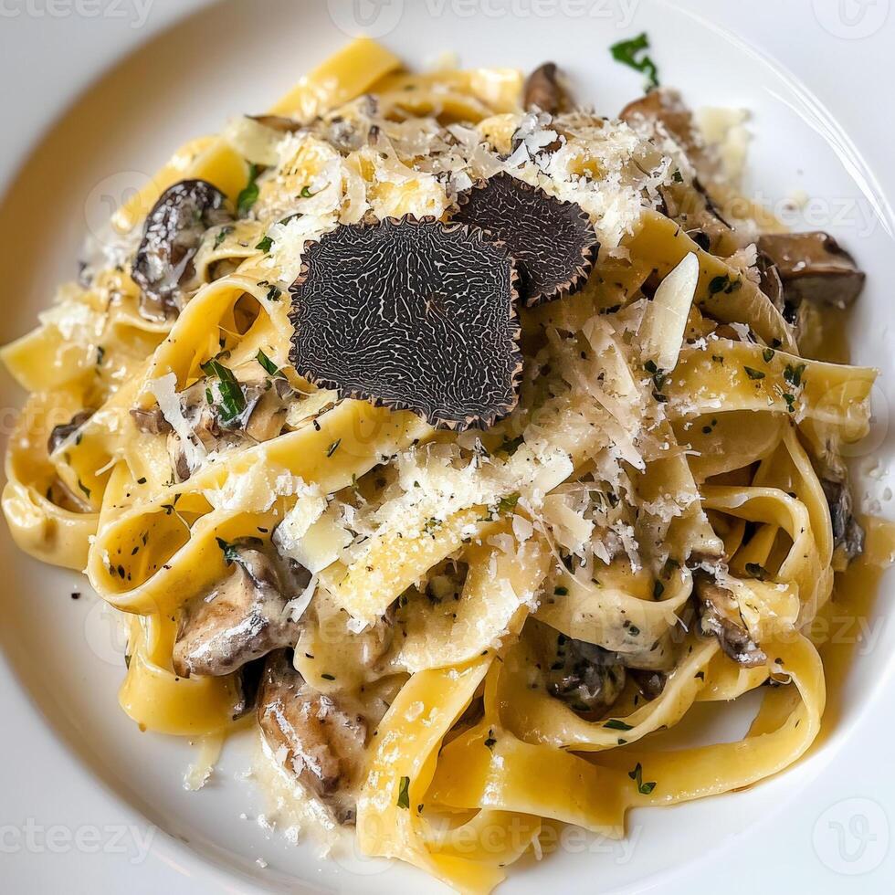 A plate of tagliatelle ai funghi porcini e tartufo, featuring long, flat egg noodles tossed in a rich and creamy sauce made with both porcini mushrooms and truffles, garlic, butter, cream, and photo