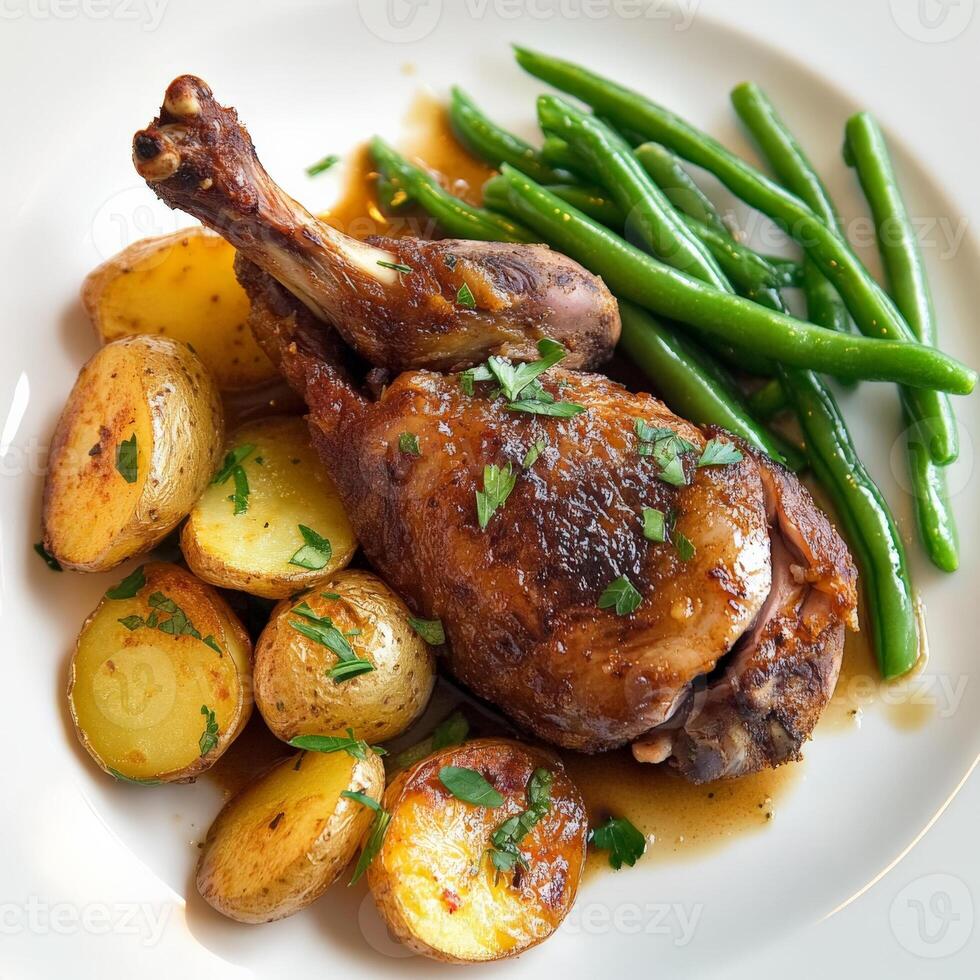 A plate with potatoes, green beans and a chicken photo