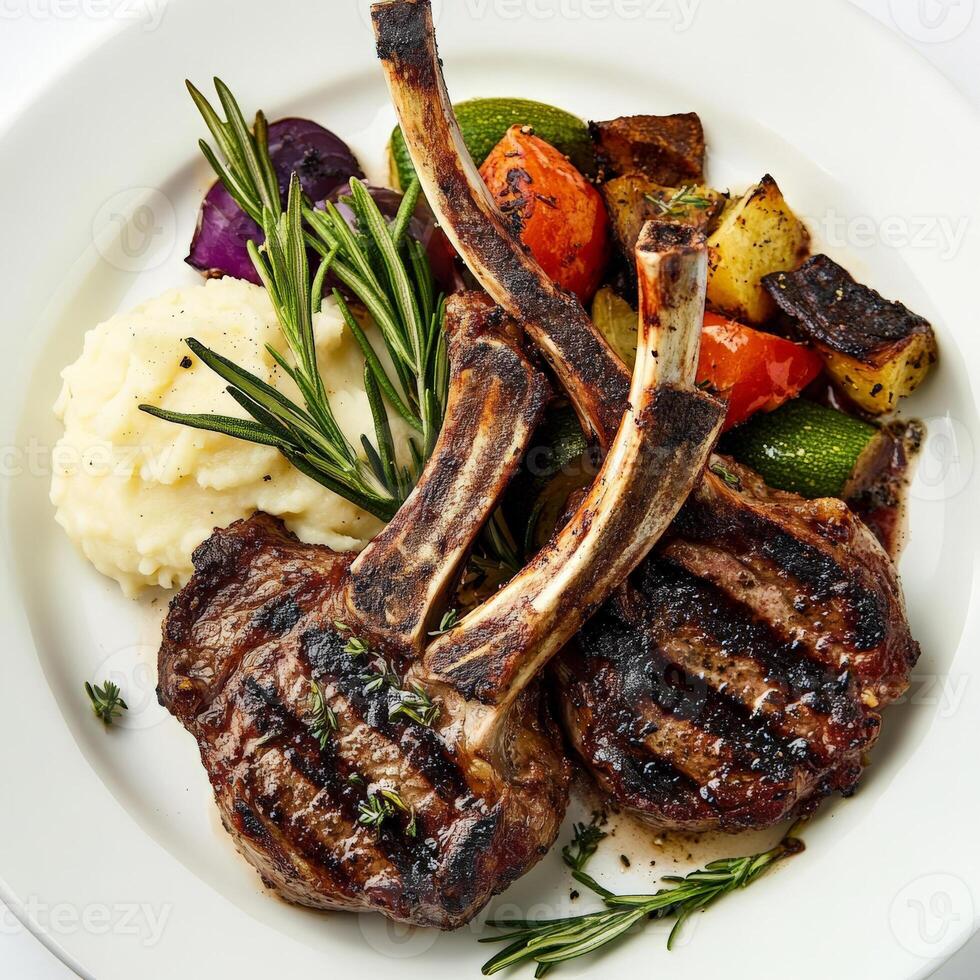Grilled lamb chops with mashed potatoes and vegetables photo