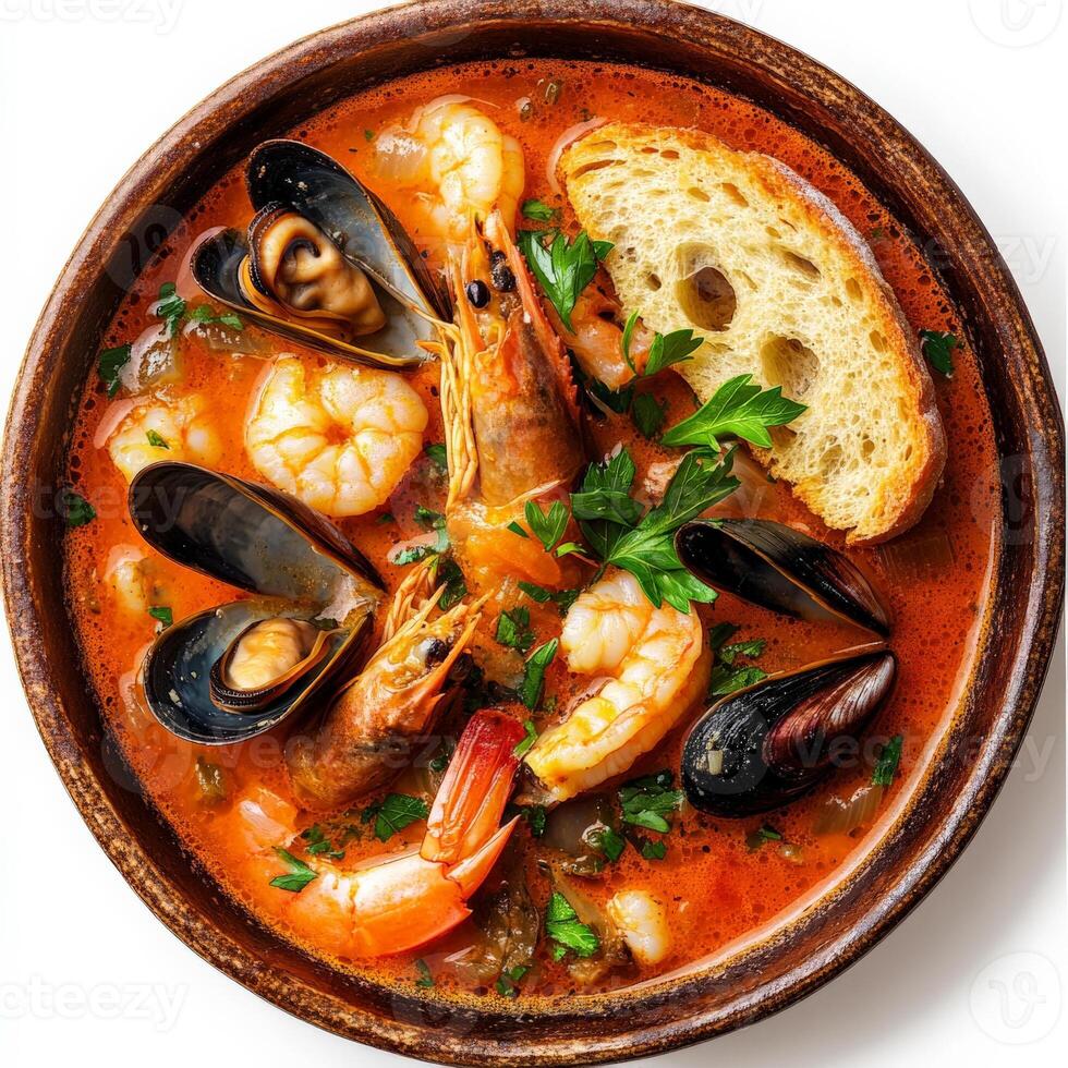 A close-up of a creamy zuppa di pesce, a hearty Italian seafood stew, with a variety of fresh seafood, such as mussels, clams, shrimp, and fish, simmered in a flavorful tomato broth with garlic and photo