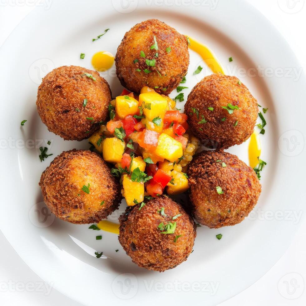 A plate of Italian arancini, infused with the vibrant spices and ingredients of Caribbean cuisine, featuring crispy fried rice balls filled with curried goat, mango salsa, and habanero aioli, a bold photo