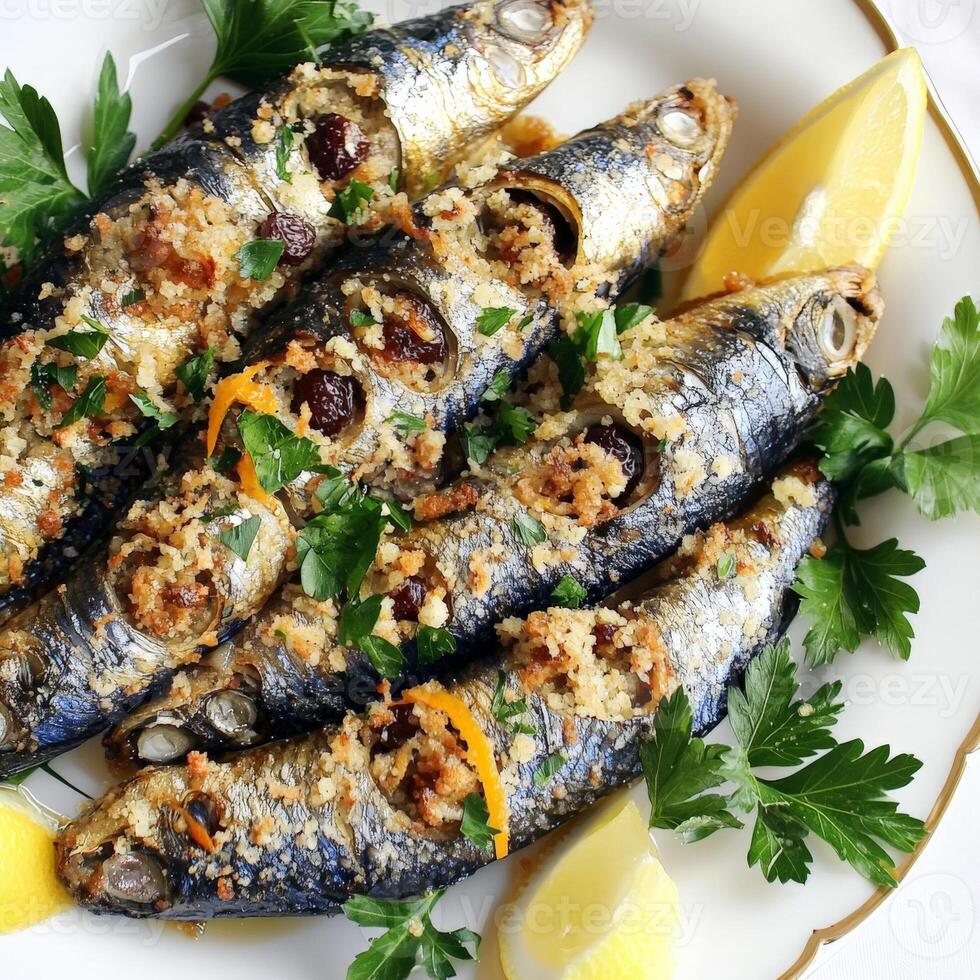 A plate of sarde a beccafico, featuring fresh sardines, stuffed with a flavorful mixture of breadcrumbs, pine nuts, currants, parsley, and orange zest, rolled up and baked with bay leaves and white photo