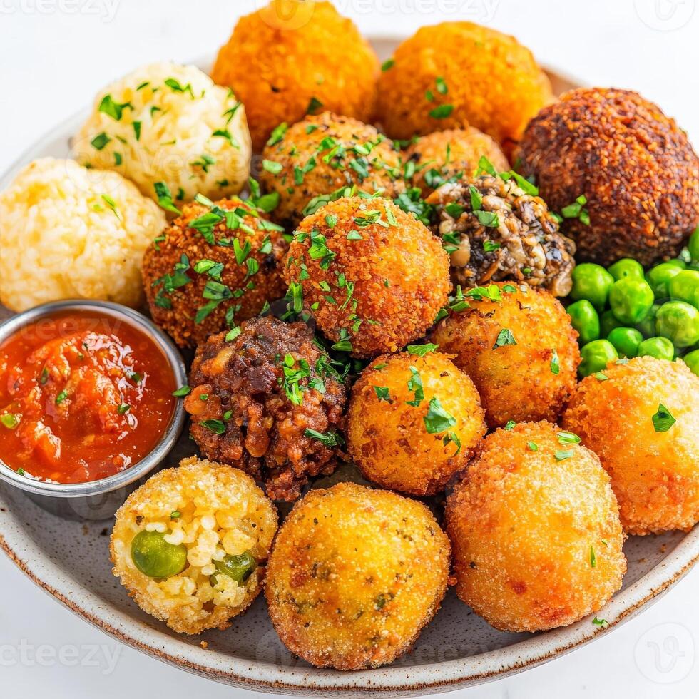 A vibrant platter of assorted arancini, featuring various types of crispy fried rice balls, filled with different ingredients, such as meat ragu, mozzarella cheese, peas, saffron rice, and mushroom photo