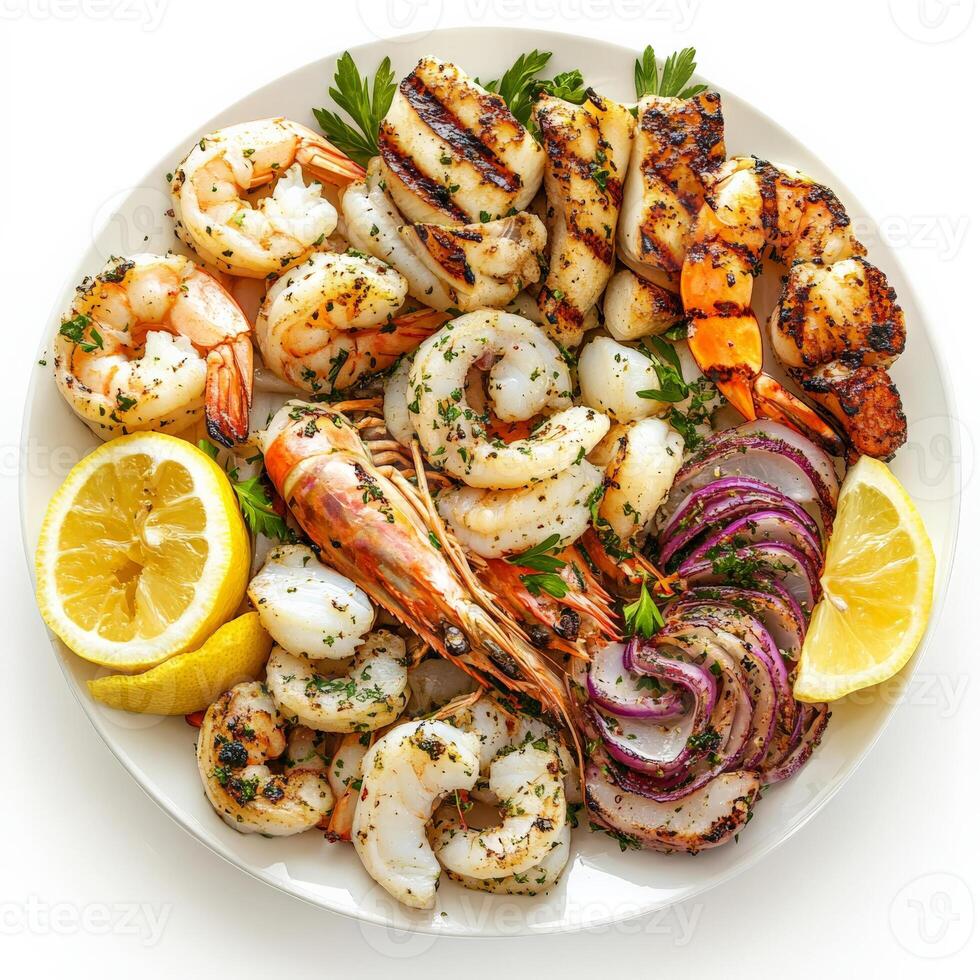 A vibrant platter of mixed grilled seafood, featuring shrimp, calamari, scallops, and fish, marinated in olive oil, lemon juice, and herbs, grilled until tender and slightly charred, served with a photo