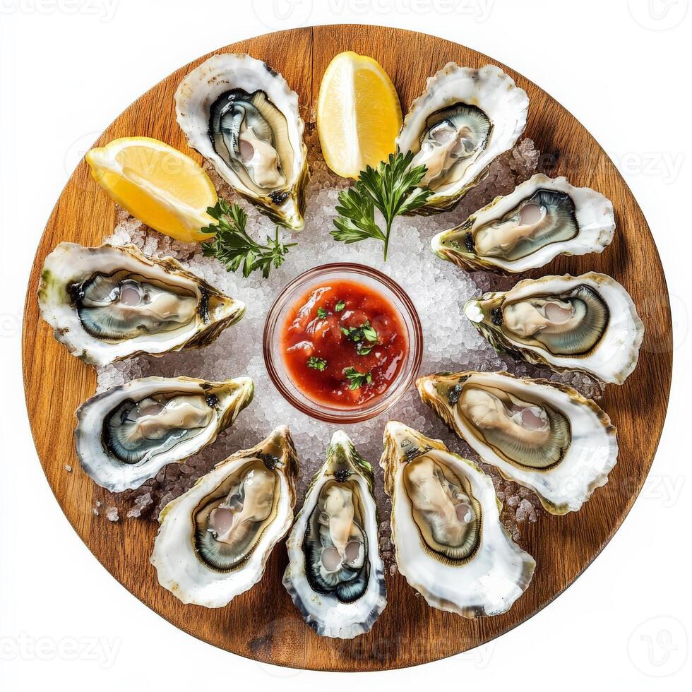 A wooden board of fresh oysters served on a bed of crushed ice, garnished with lemon wedges, cocktail sauce, and a mignonette dressing. A refined seafood delicacy. Isolated on clean white background photo