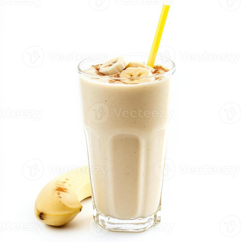 A glass of milk with a banana and a straw photo
