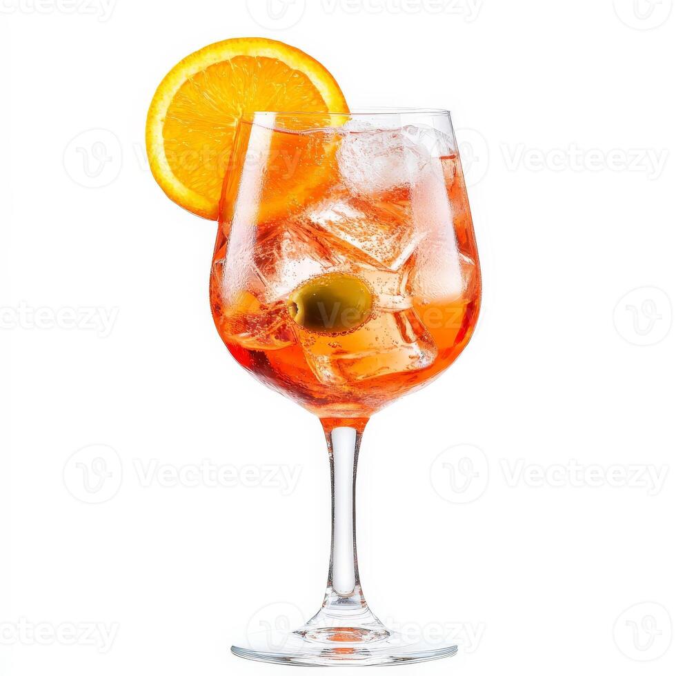 A close-up of a colorful spritz cocktail, a popular Italian aperitif, made with Prosecco, Aperol or Campari, and a splash of soda water, served in a wine glass with ice, an orange slice, and a green olive, perfect for an afternoon drink, isolated on clean photo