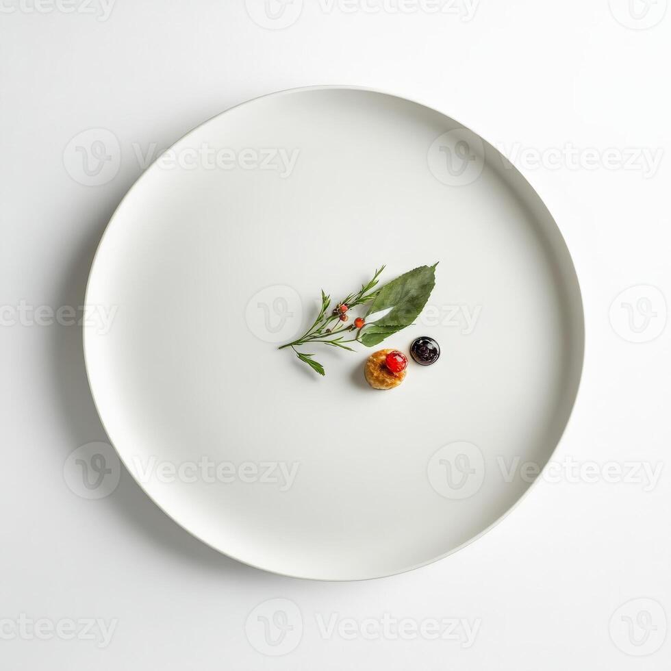 A dish with an emphasis on minimalist design, perhaps a few carefully placed ingredients on a large, empty plate, drawing attention to their individual beauty and highlighting the concept of 'less is more,' isolated on clean white background. photo