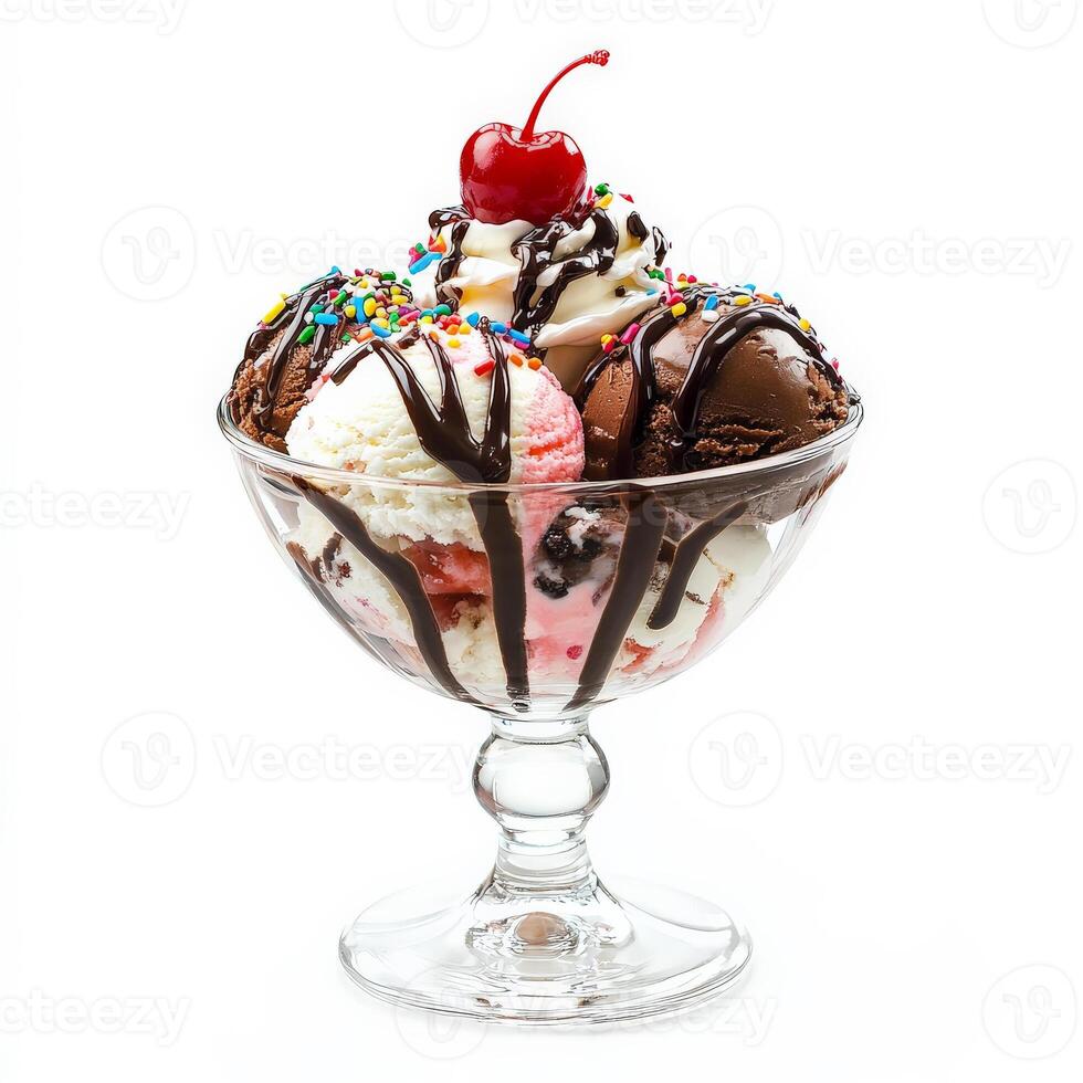 A decadent ice cream sundae in a glass dish, featuring scoops of vanilla, chocolate, and strawberry ice cream, drizzled with chocolate sauce, whipped cream, sprinkles, and a cherry on top. A delightful dessert. Isolated on clean white background photo