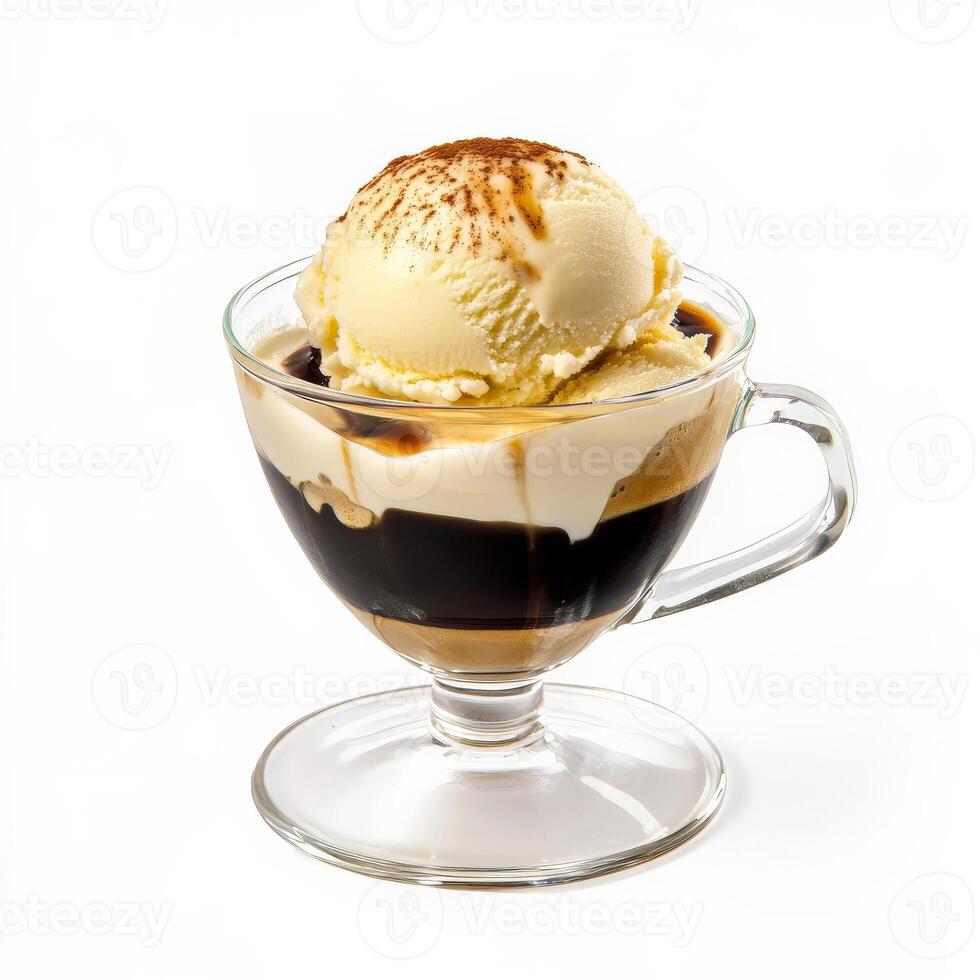 A dessert with ice cream and caramel sauce in a glass cup photo