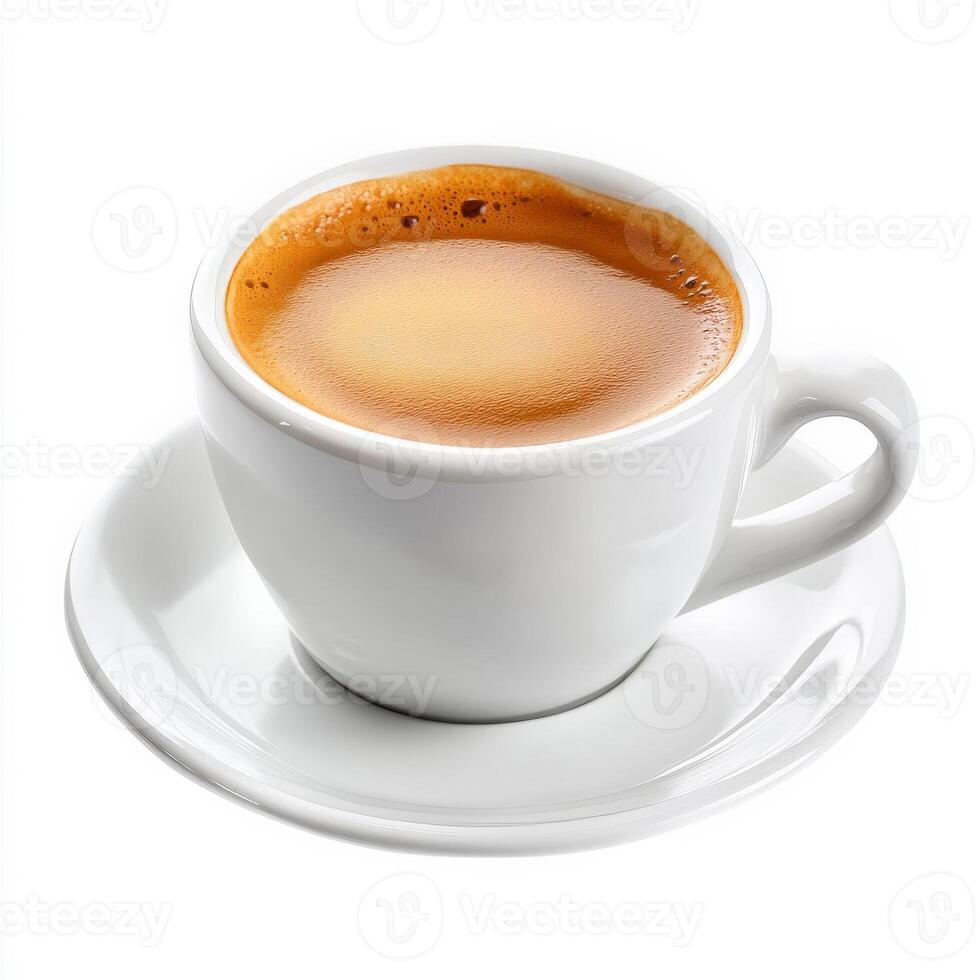 A cup of espresso served in a small white porcelain cup, with a thick, velvety crema on top. The deep, roasted aroma fills the air, making it the perfect coffee moment. Isolated on clean white background photo