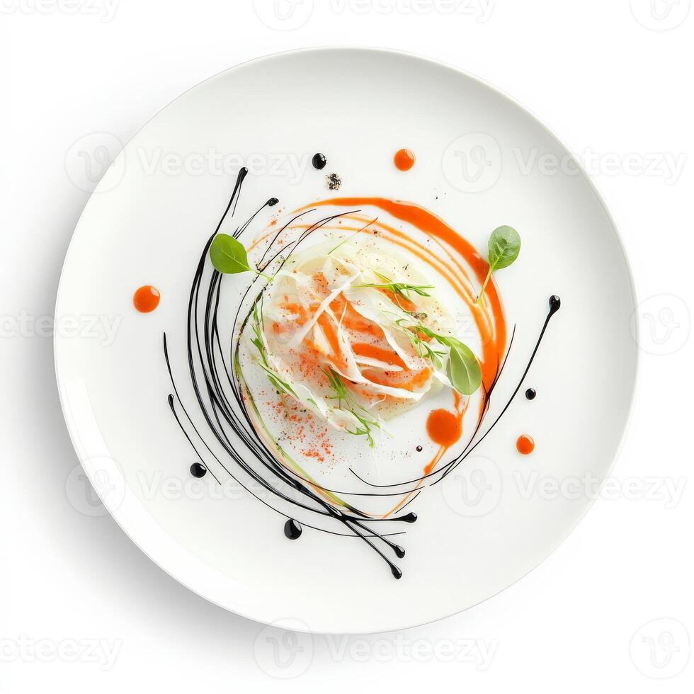A dish featuring a sauce that flows or ribbons beautifully across the plate, creating a dynamic visual element and adding movement to the composition, the use of sauce as an artistic medium in fine dining, isolated on clean white background. photo