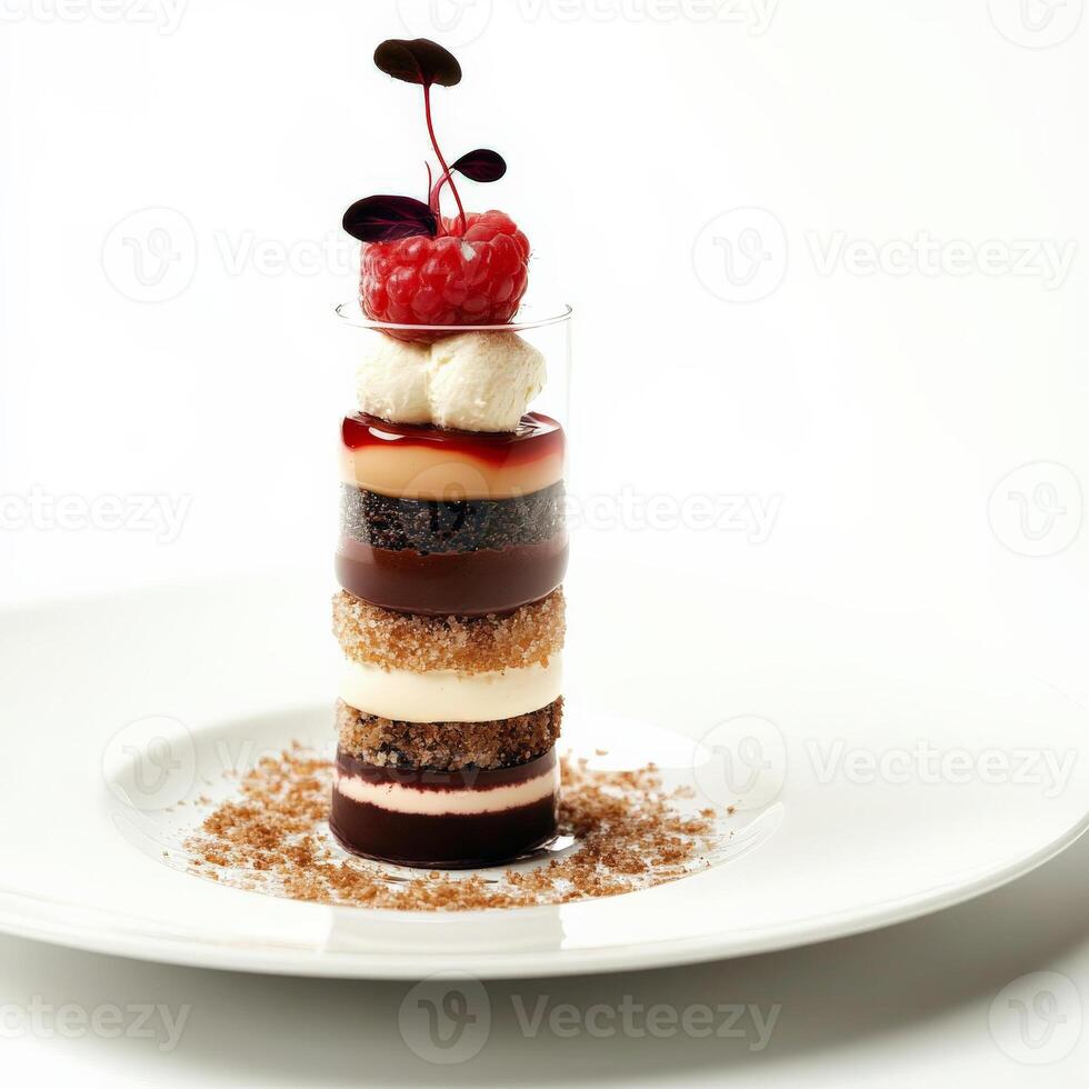 A vertically plated dessert, perhaps a parfait or verrine, showcasing layers of contrasting textures and flavors in a tall and elegant presentation, highlighting the interplay of light and shadow, isolated on clean white background. photo
