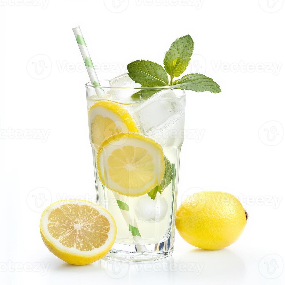 Lemonade with mint leaves and lemons on white background photo