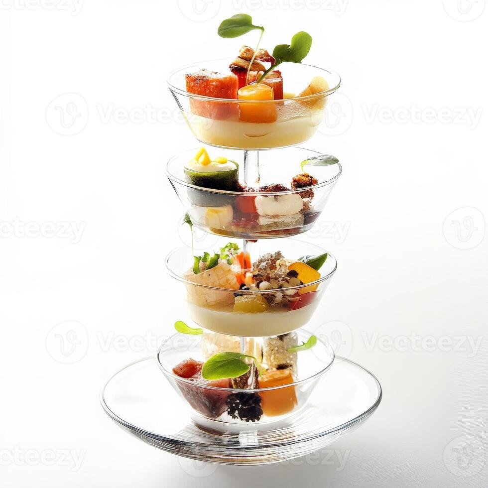 A multi-tiered arrangement of elements, perhaps served in a small glass vessel or on a tiered serving tray, highlighting the use of layers to create visual and culinary complexity, emphasizing the progression of flavors, isolated on clean white background photo