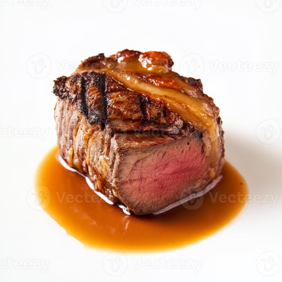 A beautifully scored piece of meat, its crust showcasing the Maillard reaction, served with a rich and flavorful sauce, emphasizing the precision and technique of meat cooking in haute cuisine, isolated on clean white background. photo