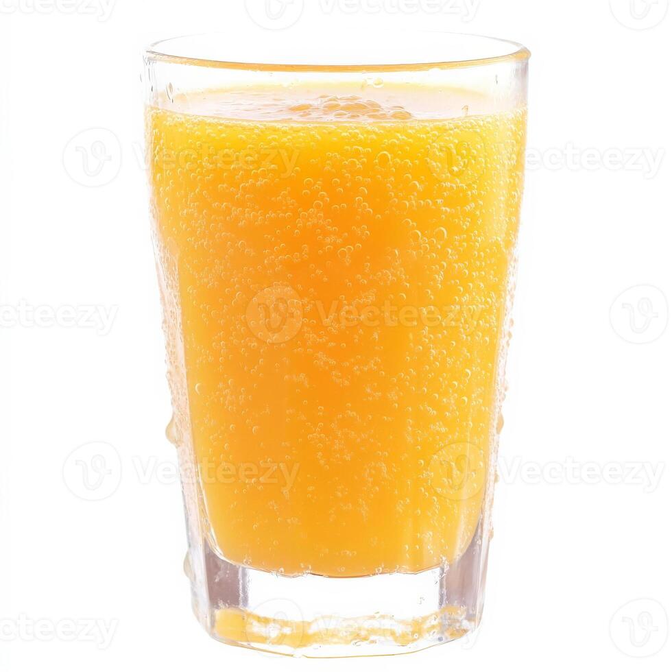 A glass of freshly squeezed orange juice, with visible pulp and condensation forming on the glass. The bright citrus color and refreshing look make it a perfect morning drink. Isolated on clean white background photo